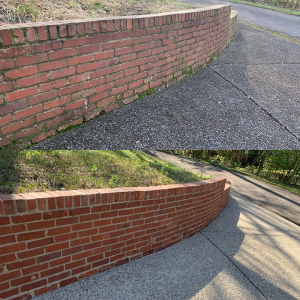 A before and after collage of brick retaining wall cleaning.