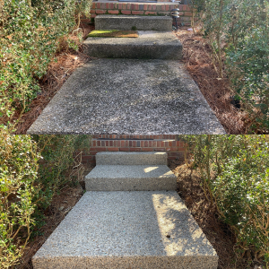 A before and after collage of concrete cleaning.